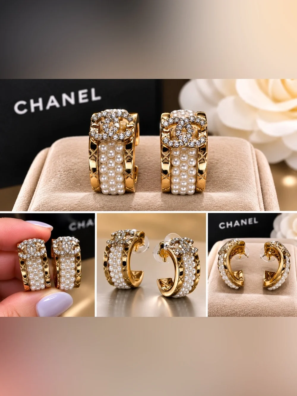 Gold-Tone Hoop Earrings with Pearls and Crystal CC Logo